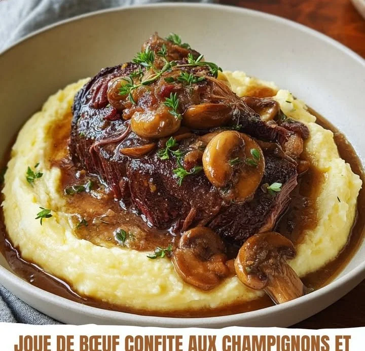 Joue de bœuf confite aux champignons avec purée maison