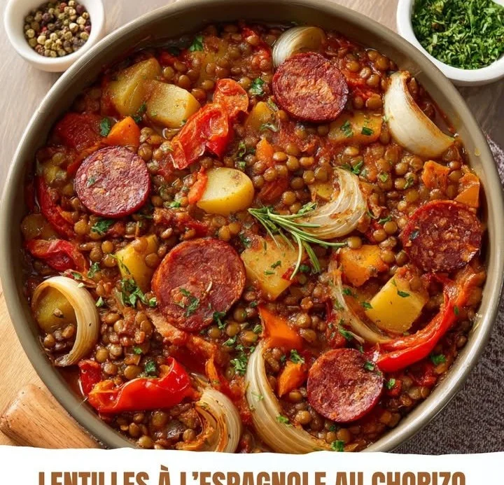 Bol de lentilles à l'espagnole avec chorizo et ingrédients frais