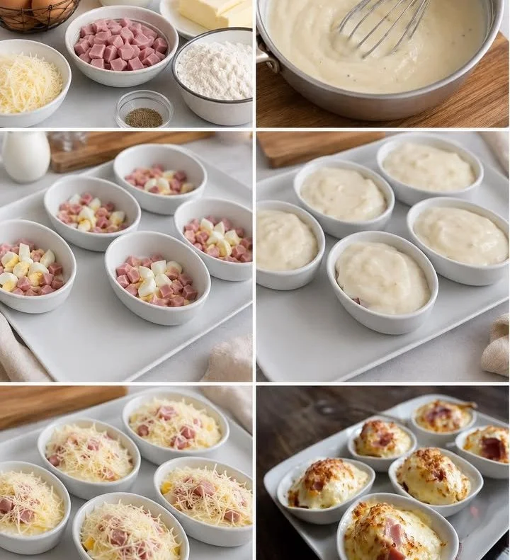 Œufs gratinés au jambon et sauce béchamel dans un plat chaud