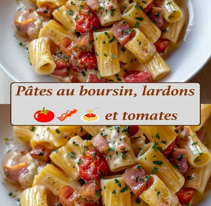 Pasta crémeuse avec Boursin, bacon et tomates cerises dans une assiette