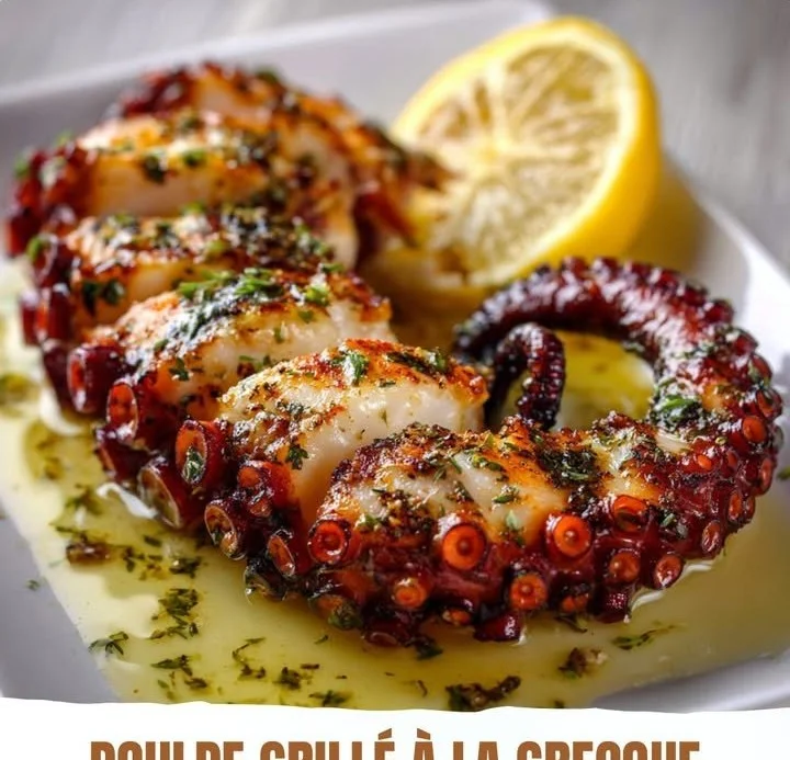 Poulpe Grillé à la Grecque servi sur une assiette garnie de légumes frais