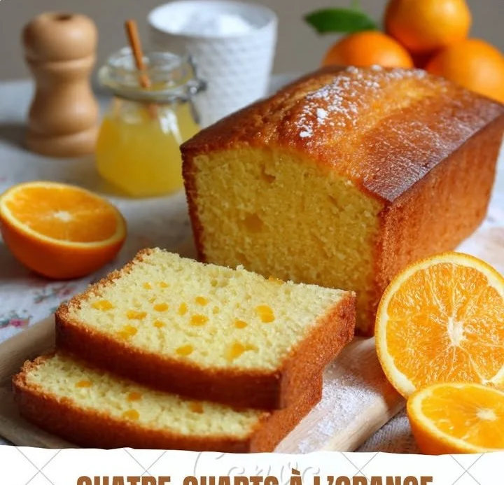 Quatre-Quarts à l'Orange dans une assiette garnie de zestes d'orange