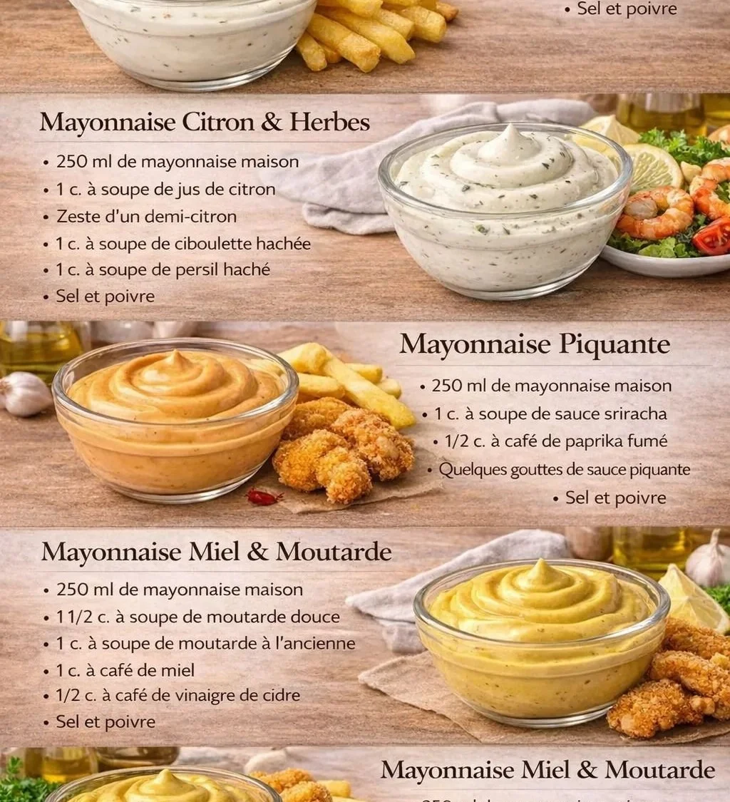 Quatre recettes de sauces mayonnaise maison prêtes à être servies