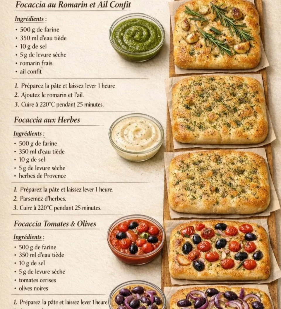 Focaccia maison fraîchement cuite avec des herbes et de l'huile d'olive