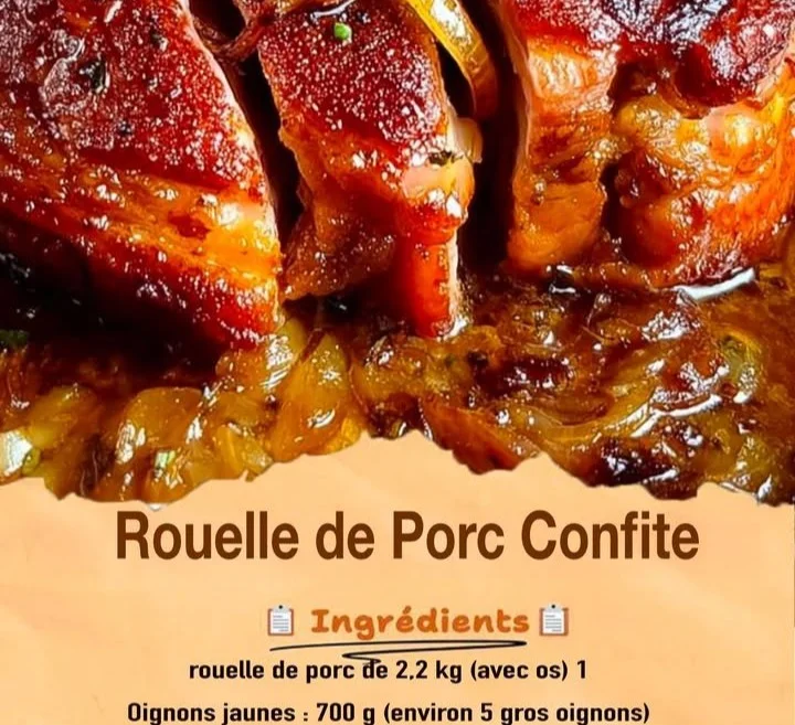 Rouelle de porc confite à la sauce ail et oignons servie dans un plat