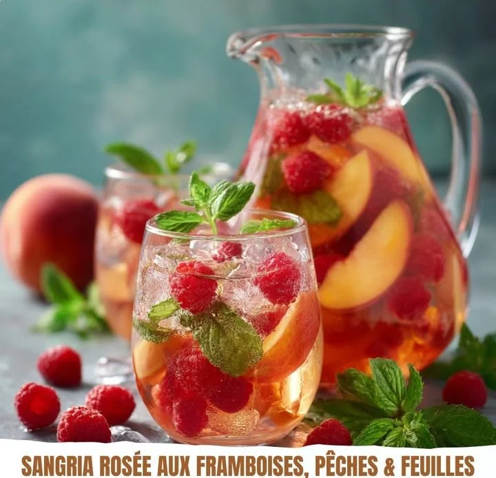 Sangria Rosée préparée avec des framboises, pêches et feuilles de menthe