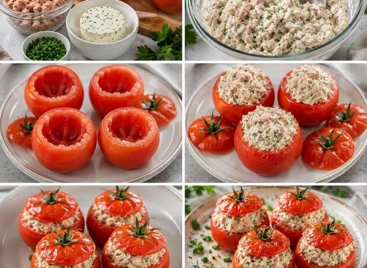 Tomates farcies au Boursin et au thon, un plat délicieux et facile à préparer.