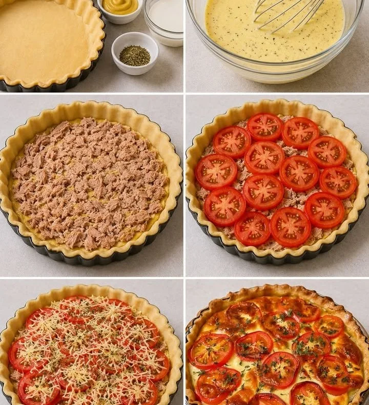 Tarte thon, tomate et moutarde fraîchement cuite, garnie d'herbes.
