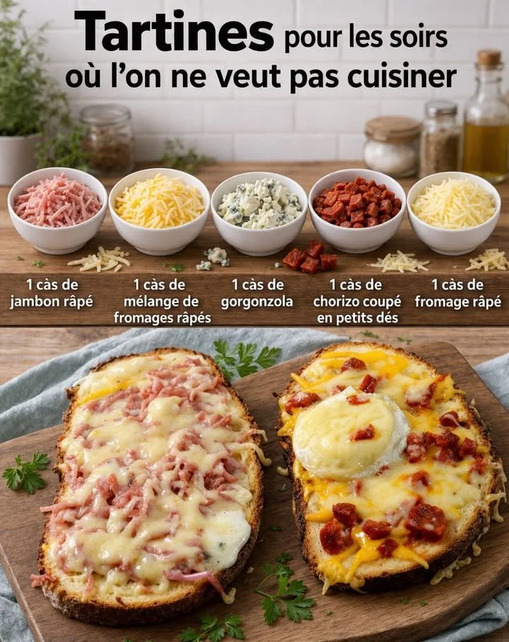 Assiette de tartines variées pour un repas rapide et savoureux le soir.