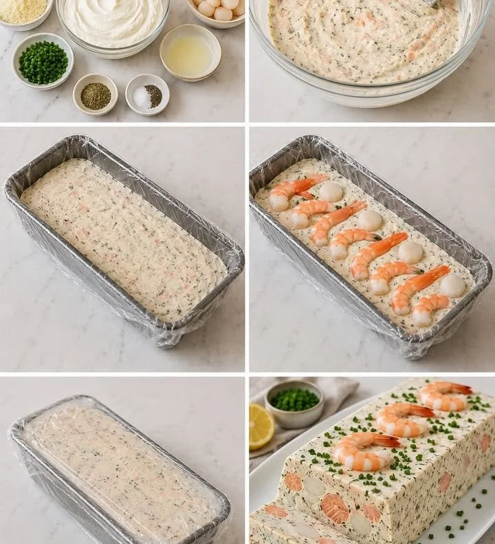 Terrine Marine aux Saveurs de Saint-Jacques, Saumon et Crevettes sur une assiette garnie.