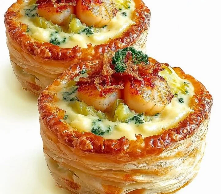 Vol-au-vent garni de Saint-Jacques, une recette savoureuse et raffinée.