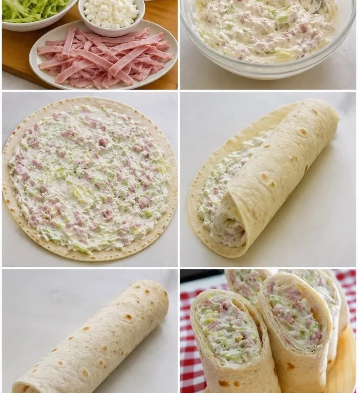 Wrap jambon avec concombre et fromage frais, un en-cas délicieux et sain.