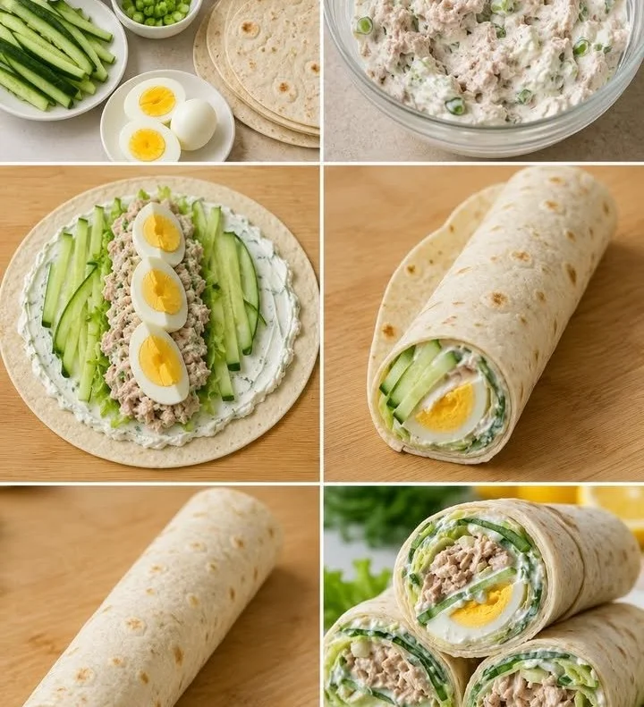 Wrap au thon avec concombre et œuf dur, repas sain et savoureux.