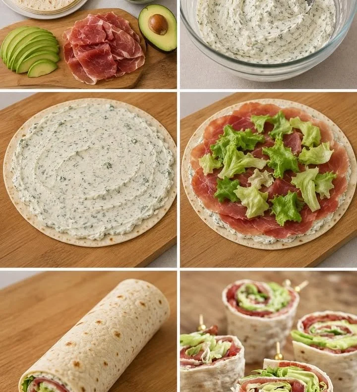 Wraps apéritifs au jambon cru, avocat et salade croquante prêts à servir