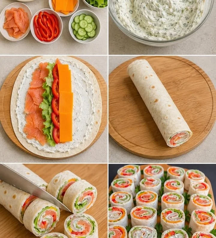 Wraps apéritifs au saumon fumé et fromage frais, idéal pour les soirées