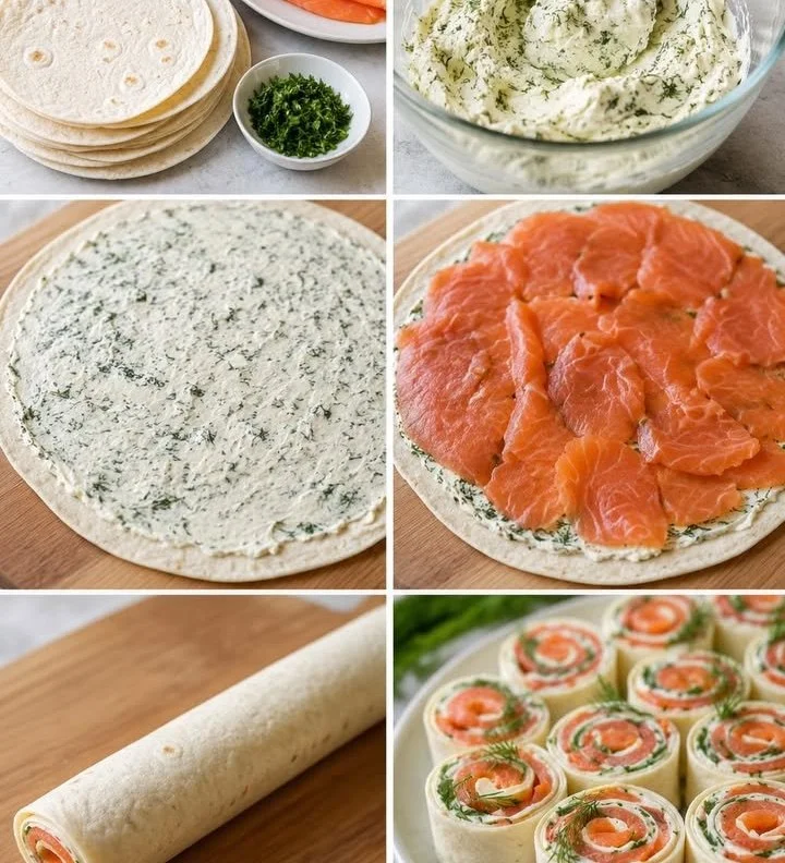 Wraps apéritifs au saumon fumé et fromage frais, délicieux en apéritif.