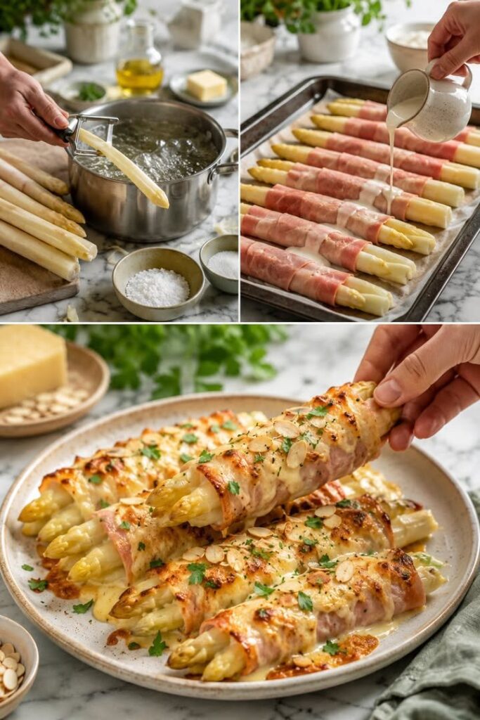 Spargel-Schinken-Gratin mit Mandelblättchen