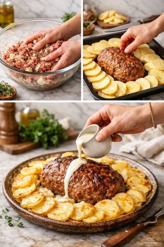 Hackbraten mit Ofenkartoffeln und Sahnesauce