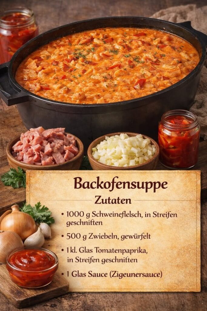 Backofensuppe mit Schweinefleisch und Paprika