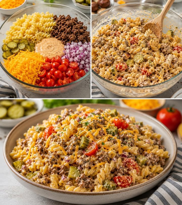 Cheeseburger-Nudelsalat mit Tomaten