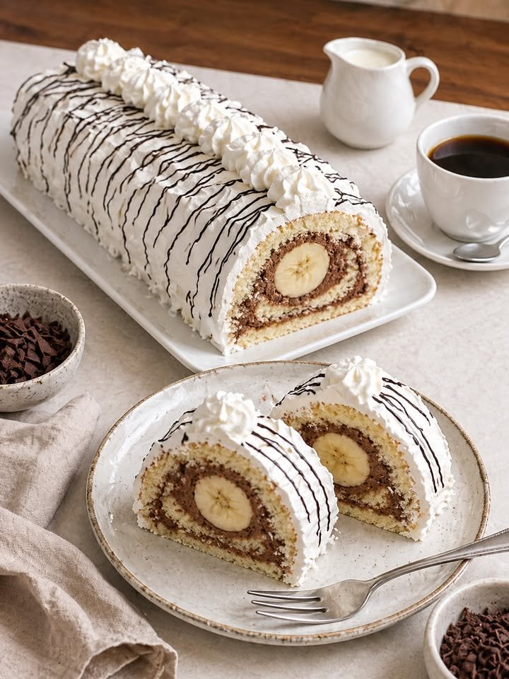 Bananen-Schoko-Biskuitrolle mit Sahne