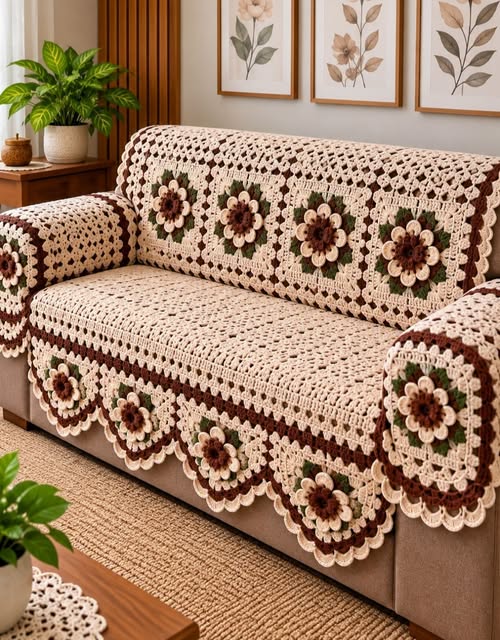 Cream and Cocoa Floral Sofa Drape in ivory, light cocoa and dark brown