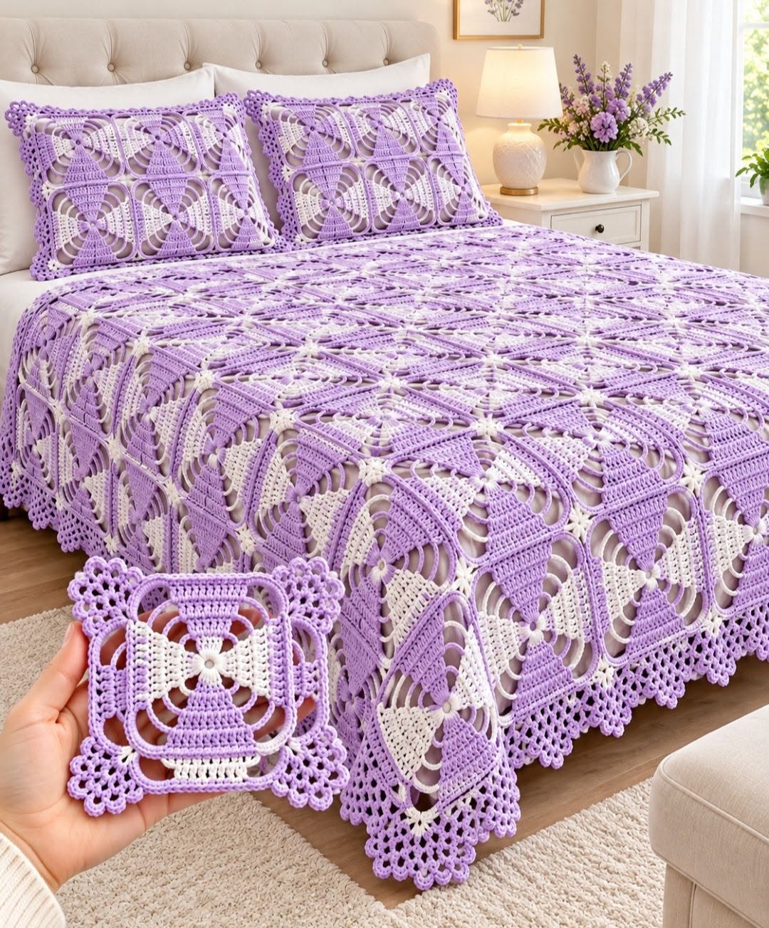 Lavender Floral Lace Bedspread in lavender, lilac and white