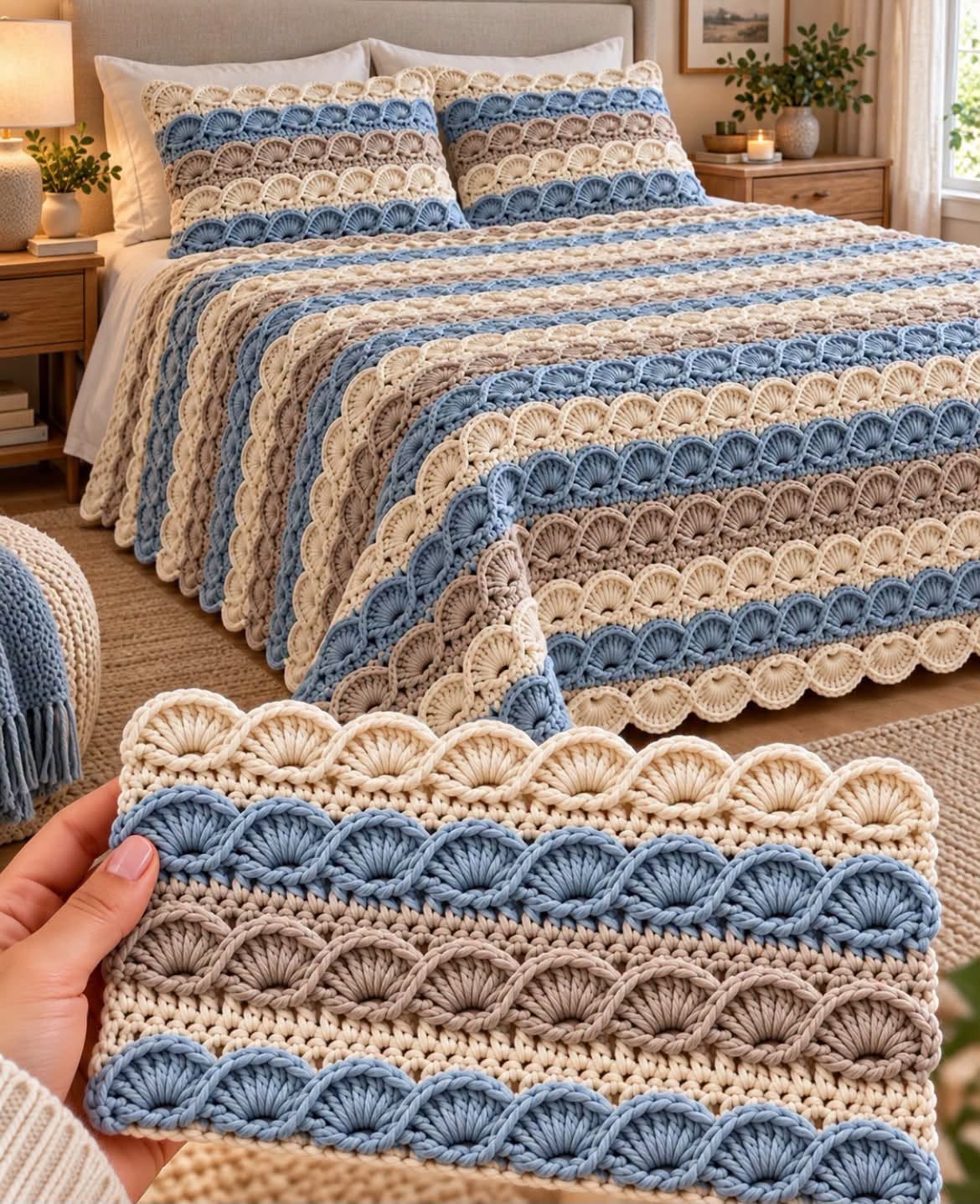 Blue-and-Cream Shell Stripe Blanket in denim blue, cream and tan