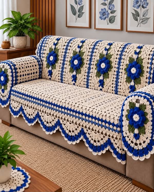 Navy Floral Sofa Throw in navy, ivory and medium blue