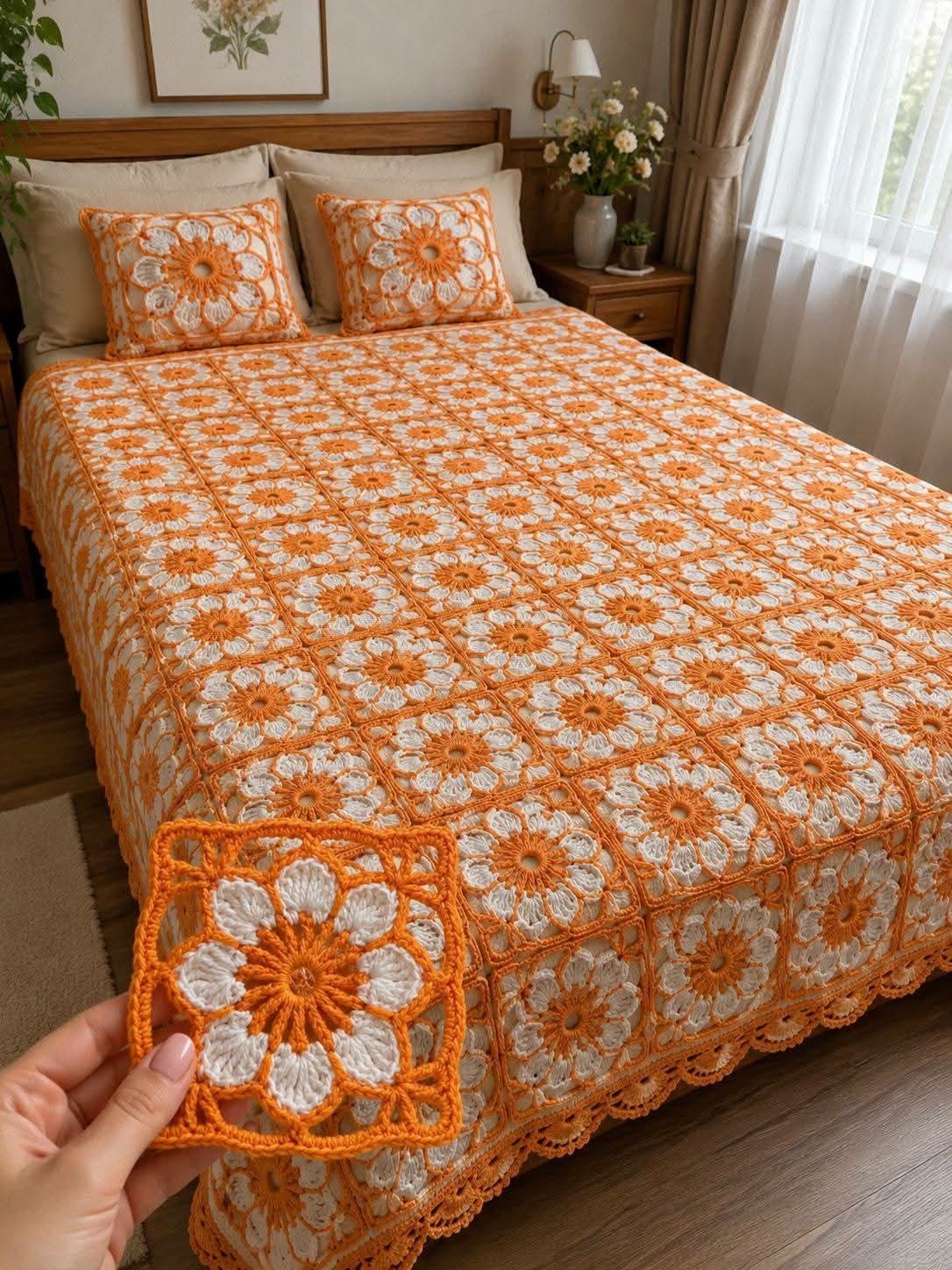 Orange Daisy Bedspread in orange, white and pale peach