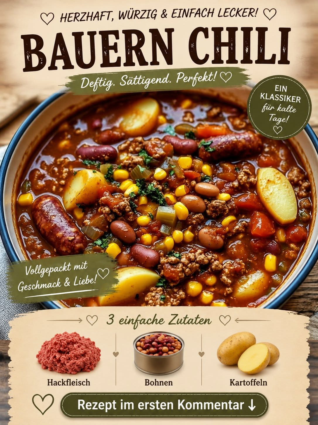 Dunkelrotes Chili mit Hackfleisch, Kartoffeln, Kidneybohnen und Mais