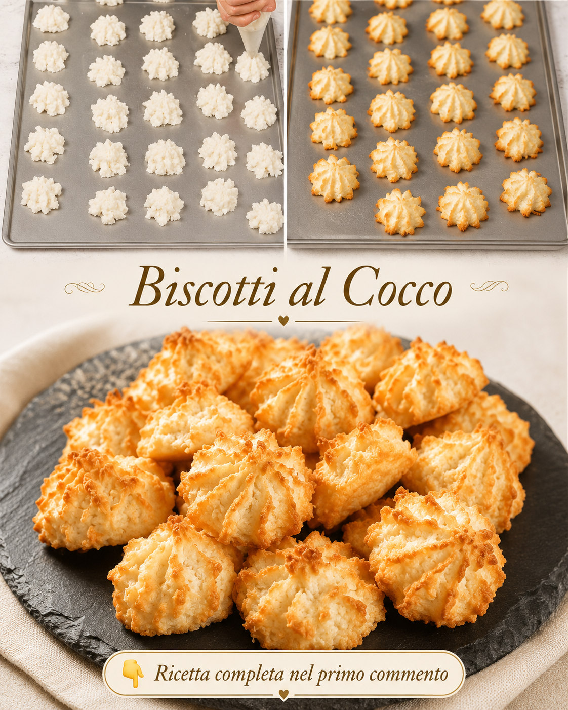 Piccoli biscotti al cocco dorati, formati a ciuffi