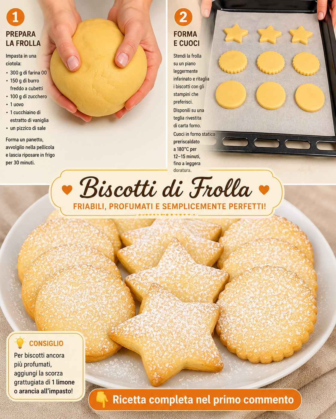 Biscotti di frolla chiari e dorati, rotondi e a forma di stella