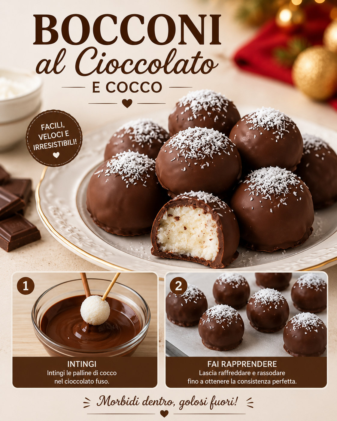Bocconi ricoperti di cioccolato con interno bianco al cocco