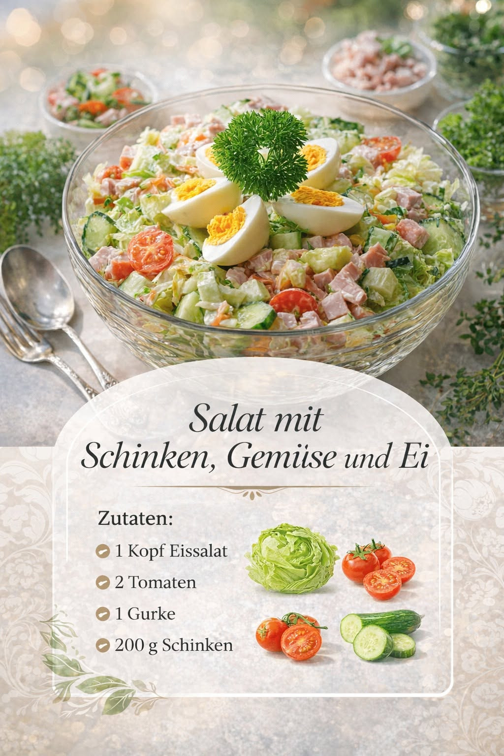Bunter Salat mit Gurken, Tomaten, Schinkenwürfeln und Eierspalten