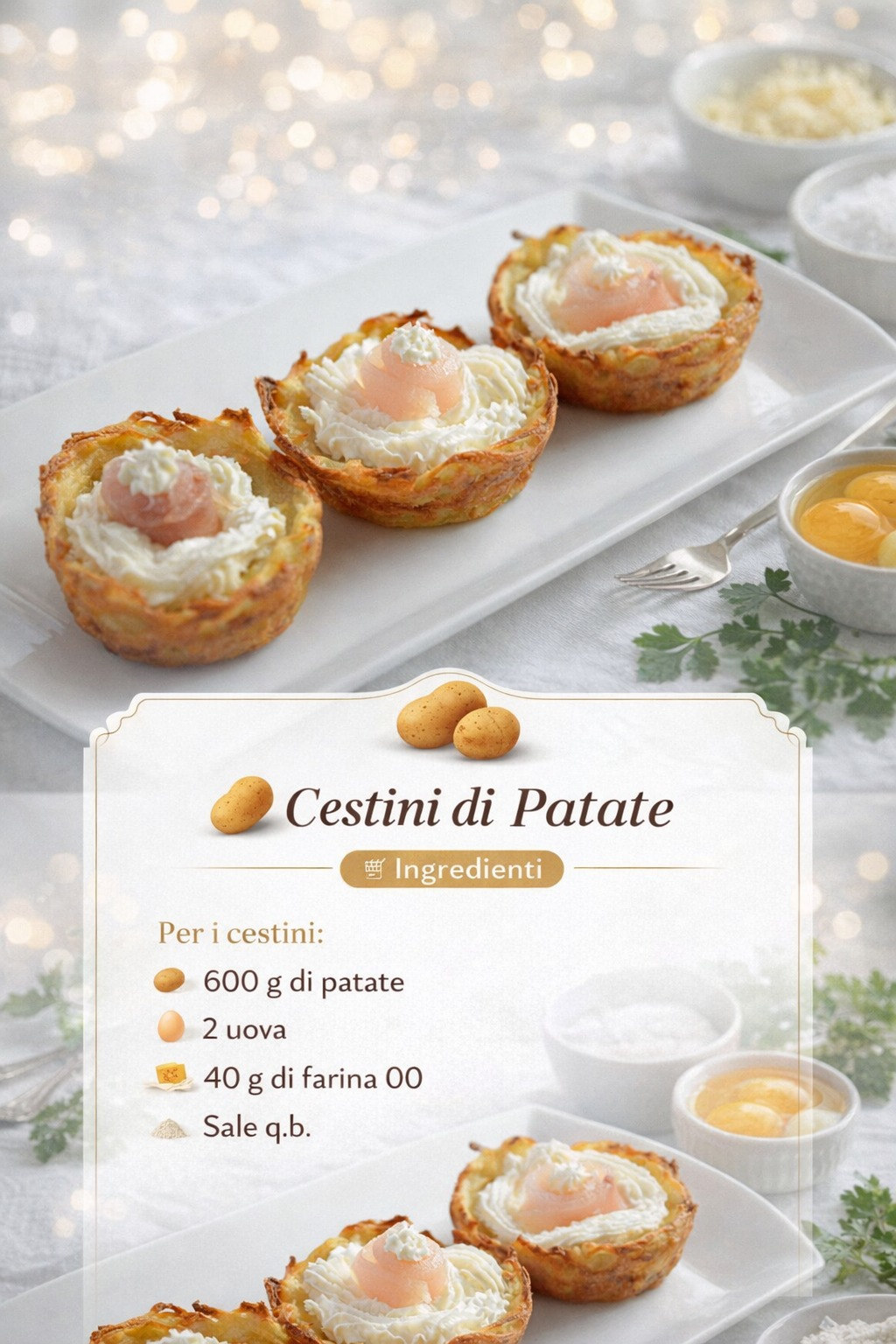 Tre cestini dorati di patate con ripieno bianco cremoso