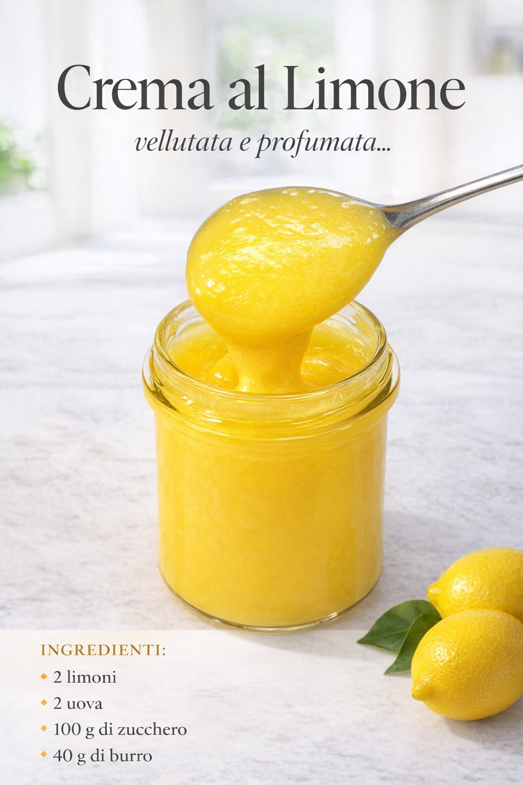 Crema gialla al limone in un vasetto con un cucchiaio sollevato