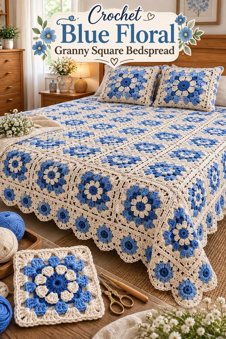 Blue Floral Granny Bed Cover in royal blue, cream and pale blue