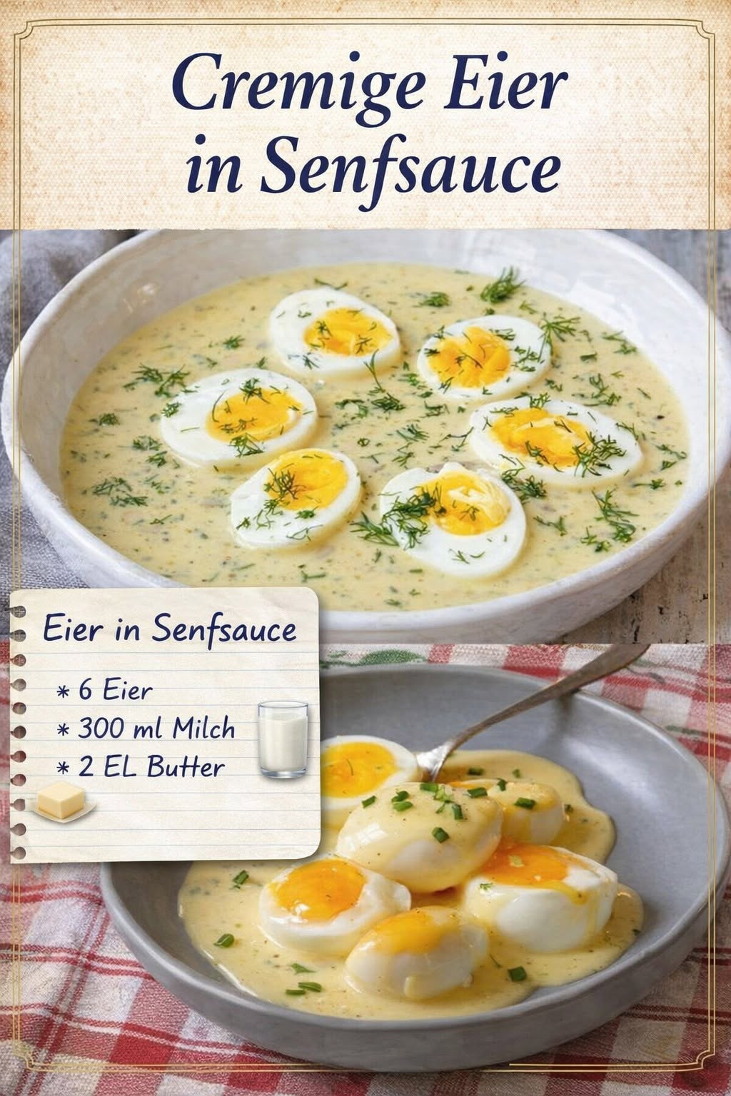 Halbierte gekochte Eier in heller Senfsauce mit grünen Kräutern