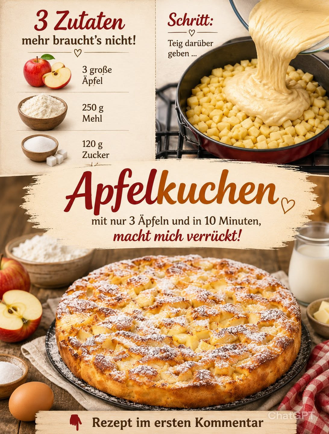 Runder Apfelkuchen mit goldbrauner Oberfläche und Apfelstücken