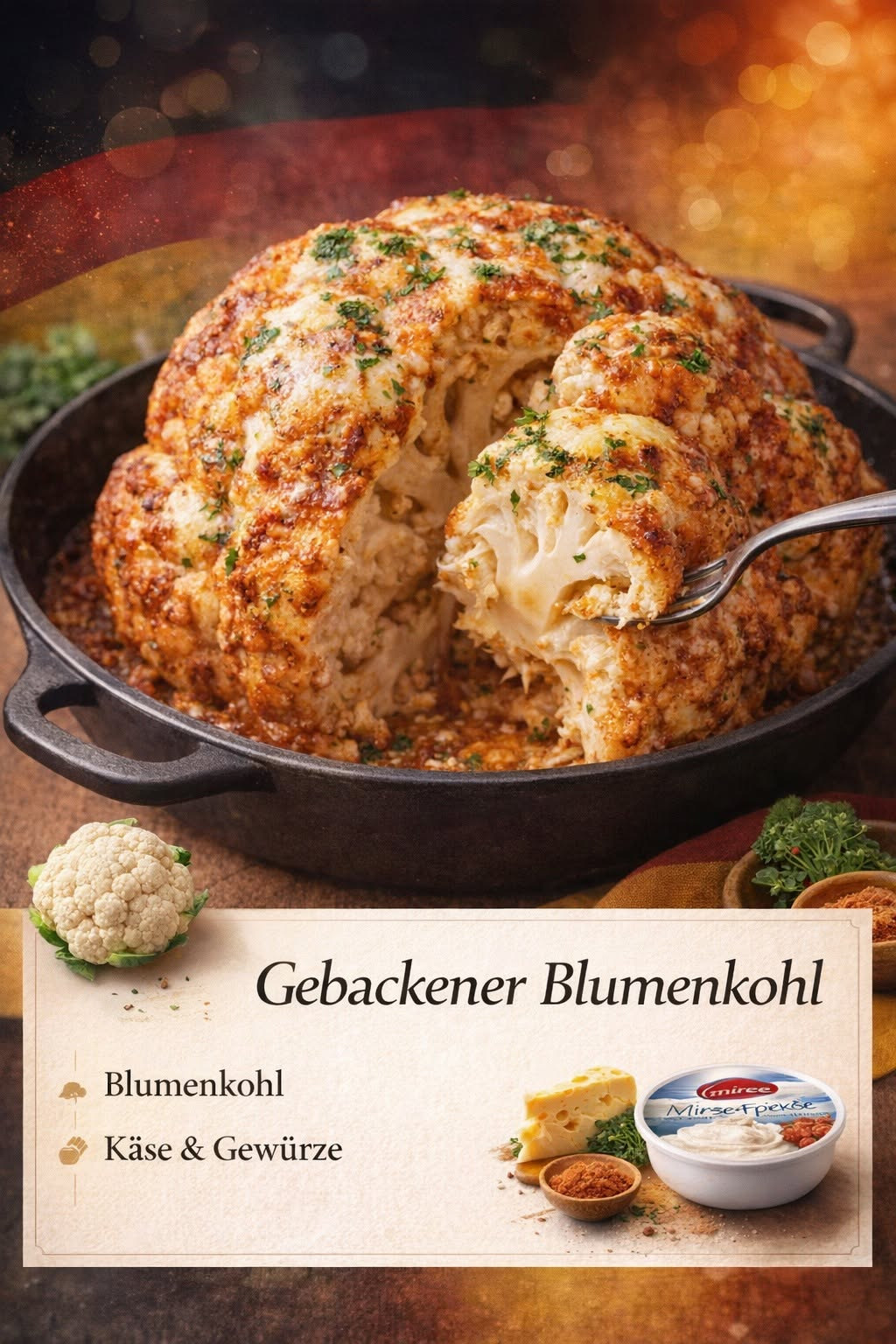 Ganzer gebackener Blumenkohl mit goldroter Käsekruste und angeschnittener Portion