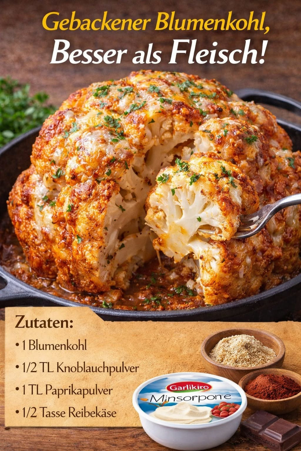 Ganzer goldrot gebackener Blumenkohl mit leichter Käsekruste und sichtbarem Anschnitt
