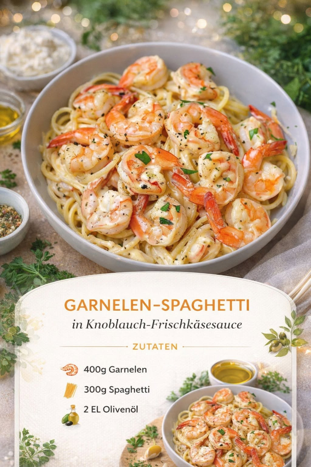Spaghetti mit rosa Garnelen in heller cremiger Knoblauchsauce