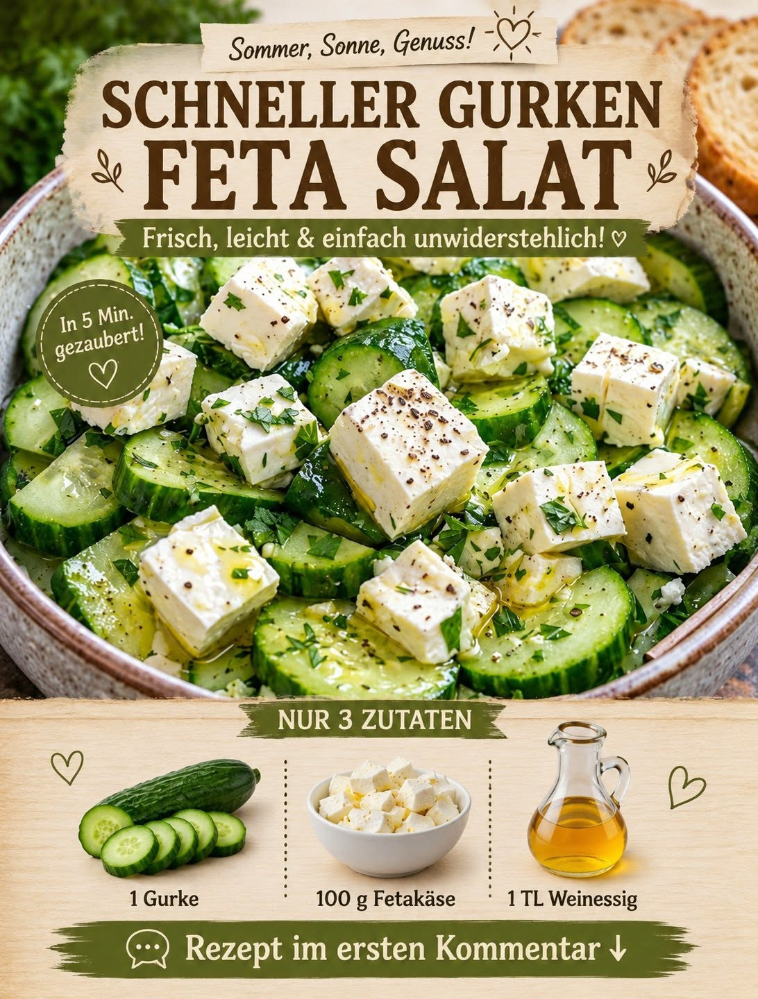 Gurkensalat mit weißen Fetawürfeln, Öl und gehackten Kräutern