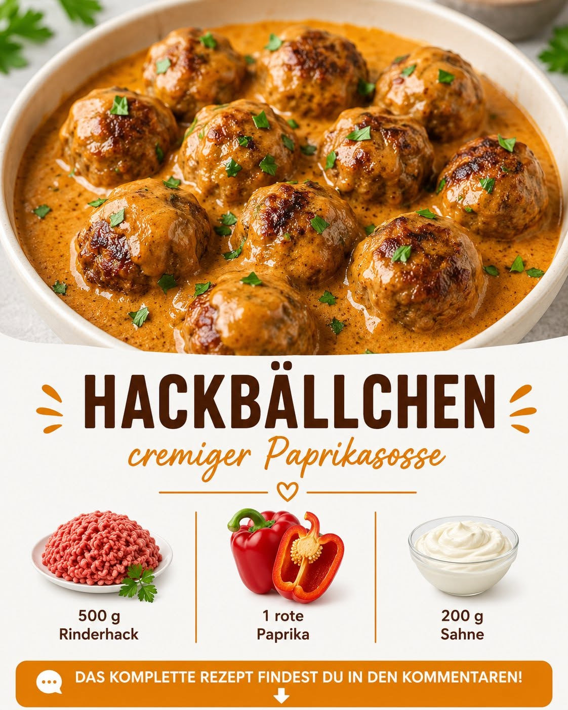 Gebräunte Hackbällchen in orangefarbener cremiger Paprikasauce