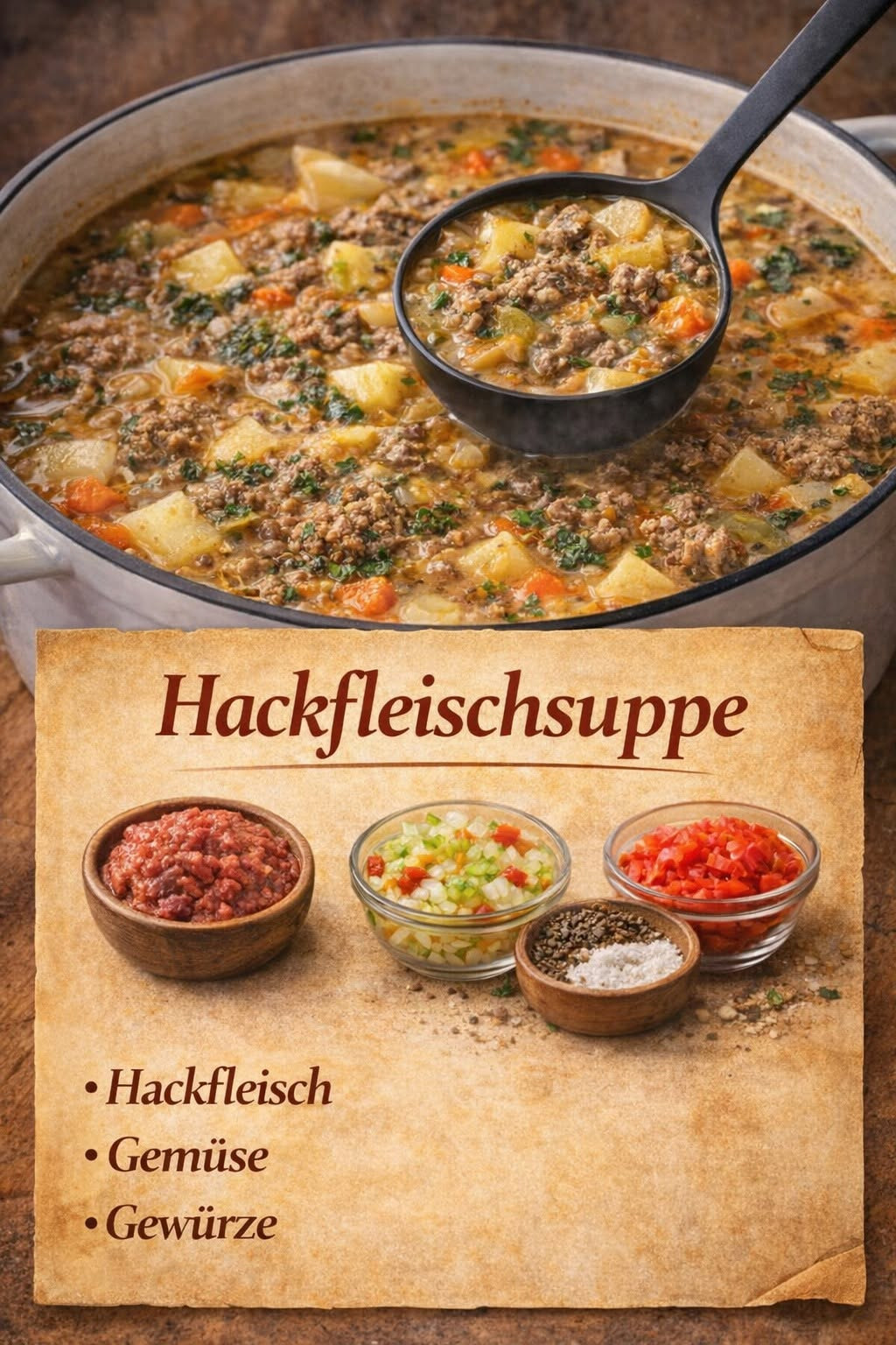 Tomatige Suppe mit Hackfleisch, Karotten und weiteren Gemüsewürfeln