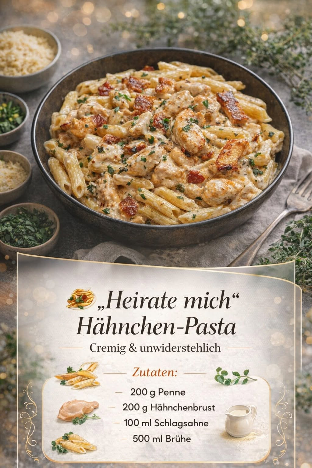 Penne mit Hähnchenstreifen, getrockneten Tomaten und cremiger Sauce