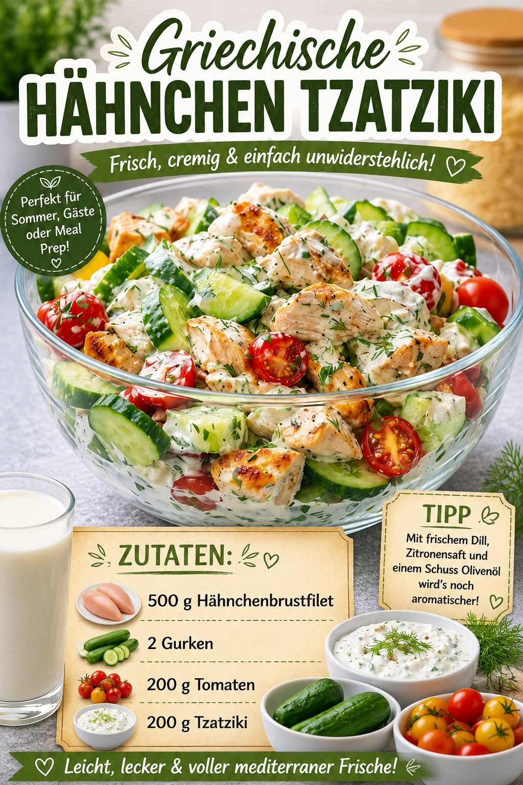 Salatschüssel mit Hähnchenstücken, Gurke, Tomaten und weißer Joghurtsauce