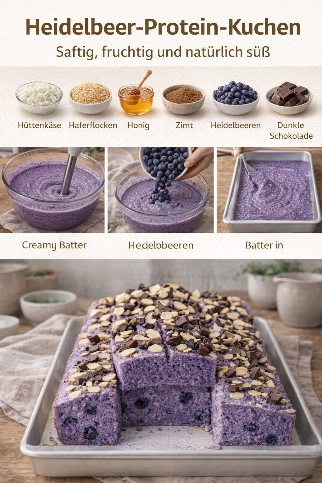 Violetter Heidelbeerkuchen in rechteckigen Stücken mit Nüssen und Schokolade