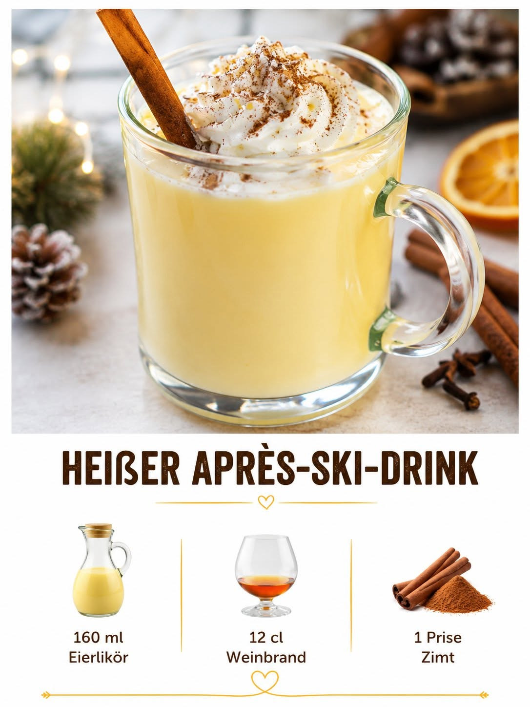 Gelblicher heißer Drink mit Sahnehaube, Zimt und Zimtstange